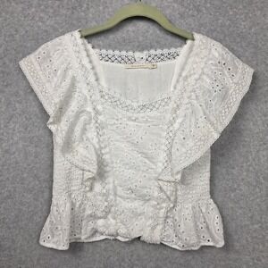Ellison Blouse Womens Small White Eyelet Embroidered Flutter Sleeve Boho Top